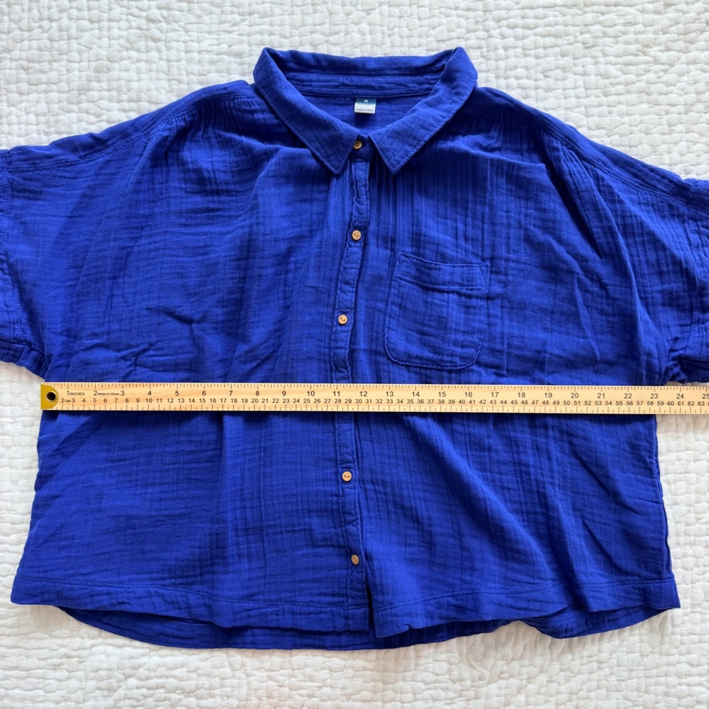 Old Navy Blue Gauze Button Down Shirt Short Sleeve Boxy Crop Top Medium - Picture 8 of 8